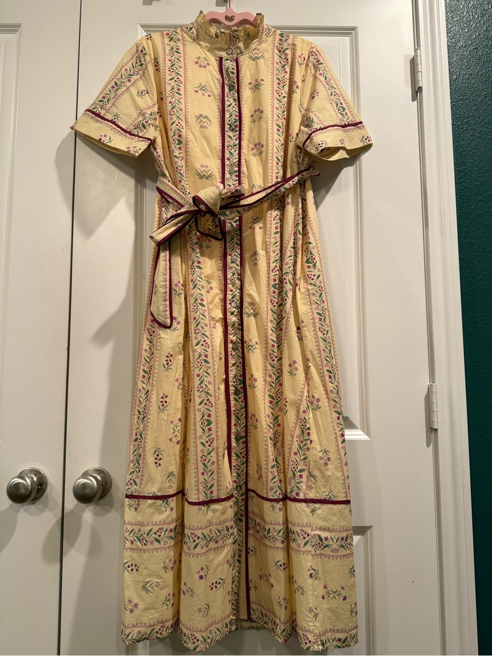 entro Yellow Floral Midi Dress with Pink Trim